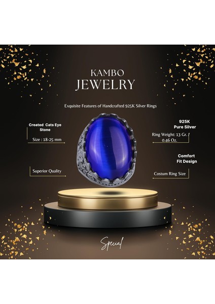 925 Ayar Gümüş Yüzük - Gül Desenli Yüzük - Erkekler Için Yapay Taş Yüzük - El Yapımı Yüzük (Yapay Lacivert Kedigözü) fiyatları