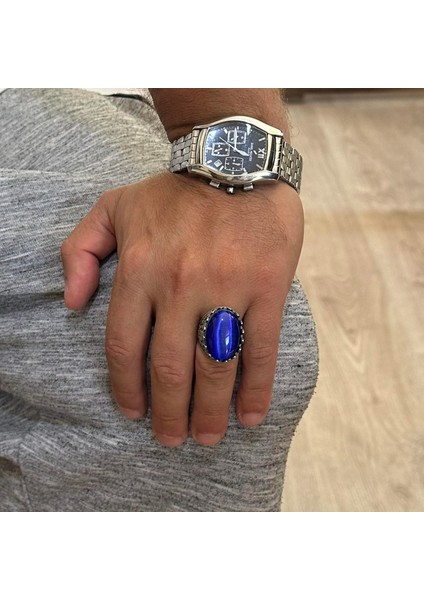 925 Ayar Gümüş Yüzük - Gül Desenli Yüzük - Erkekler Için Yapay Taş Yüzük - El Yapımı Yüzük (Yapay Lacivert Kedigözü) modelleri