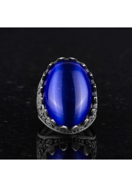 925 Ayar Gümüş Yüzük - Gül Desenli Yüzük - Erkekler Için Yapay Taş Yüzük - El Yapımı Yüzük (Yapay Lacivert Kedigözü) fırsatları
