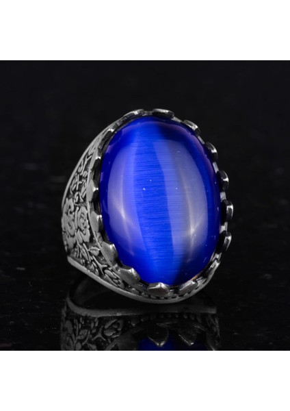 925 Ayar Gümüş Yüzük - Gül Desenli Yüzük - Erkekler Için Yapay Taş Yüzük - El Yapımı Yüzük (Yapay Lacivert Kedigözü) indirimleri