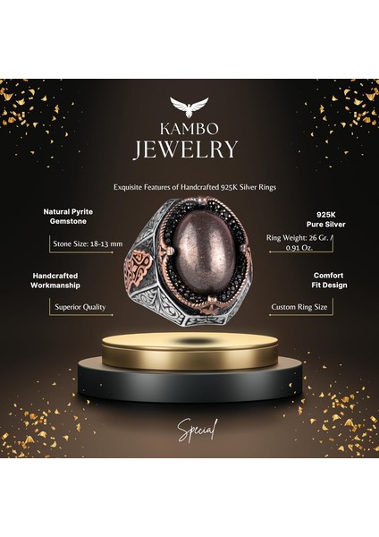 925 Ayar Katı Gümüş Erkek Yüzük - El Yapımı Pirit Taş Yüzük, Refah Manifestasyonu Tasarımı fiyatları
