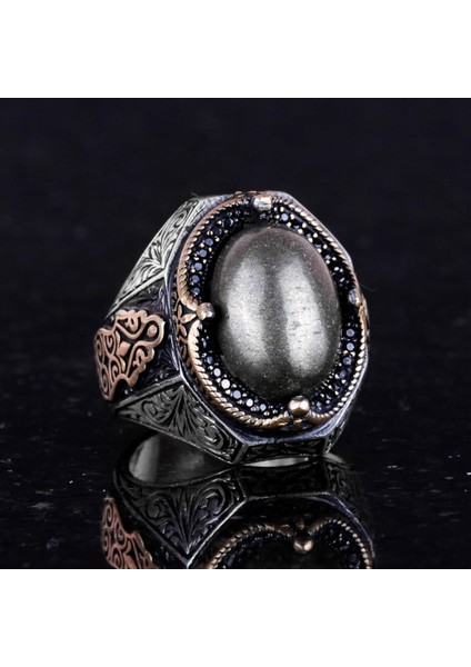 925 Ayar Katı Gümüş Erkek Yüzük - El Yapımı Pirit Taş Yüzük, Refah Manifestasyonu Tasarımı indirimleri