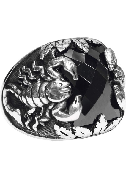 Erkekler Için Sterlin Gümüş Akrep Yüzük - Doğal Oniks Taşı, Hayvan Tasarımı