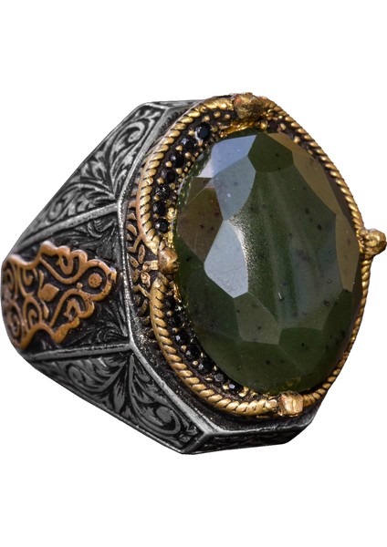 El Yapımı Vintage Tasarım Zümrüt Yüzük - 925 Ayar Gümüş Erkek Yüzük Altın Detaylarla (Jade)