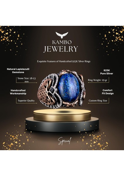 925K Katı Gümüş Erkek Yüzük, Doğal Lapis Lazuli Taş Yüzük, Bilgelik ve Tasarımı indirimleri