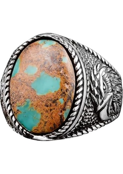 Doğal Taş Erkek Yüzük, Kartal Yüzük, 925 Ayar Gümüş Yüzük (Turkuaz)