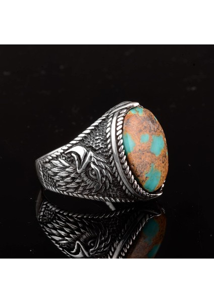 Doğal Taş Erkek Yüzük, Kartal Yüzük, 925 Ayar Gümüş Yüzük (Turkuaz) indirimleri