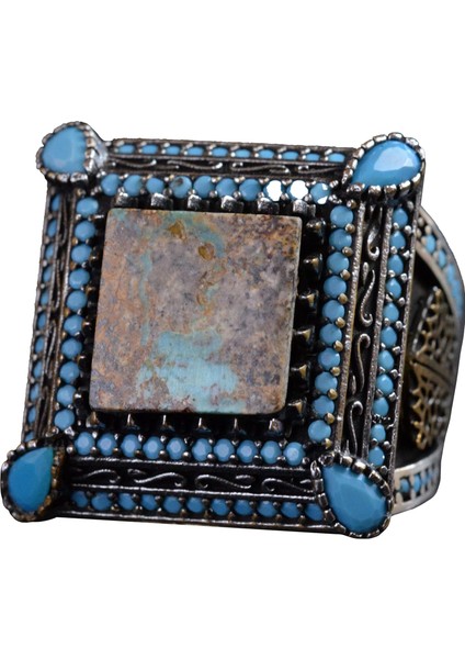 Doğal Turkuaz Taş Yüzük, Kare Tasarım - 925 Ayar Gümüş Erkek Yüzüğü, El Yapımı Şıklık