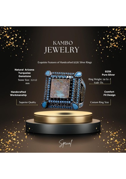 Doğal Turkuaz Taş Yüzük, Kare Tasarım - 925 Ayar Gümüş Erkek Yüzüğü, El Yapımı Şıklık fiyatları