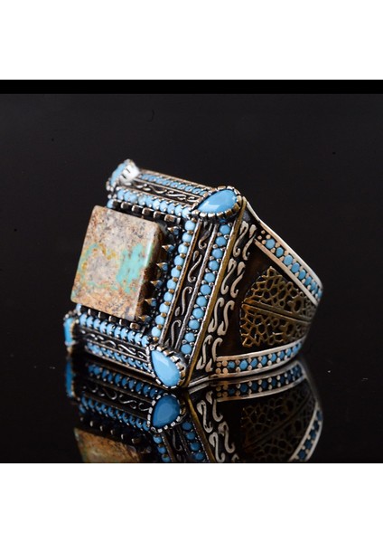 Doğal Turkuaz Taş Yüzük, Kare Tasarım - 925 Ayar Gümüş Erkek Yüzüğü, El Yapımı Şıklık modelleri