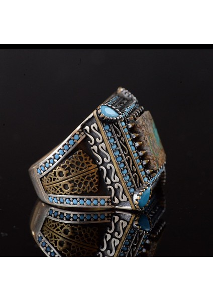 Doğal Turkuaz Taş Yüzük, Kare Tasarım - 925 Ayar Gümüş Erkek Yüzüğü, El Yapımı Şıklık fırsatları