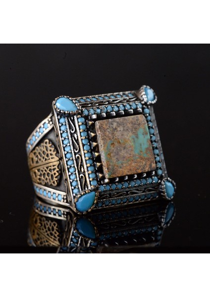 Doğal Turkuaz Taş Yüzük, Kare Tasarım - 925 Ayar Gümüş Erkek Yüzüğü, El Yapımı Şıklık indirimleri