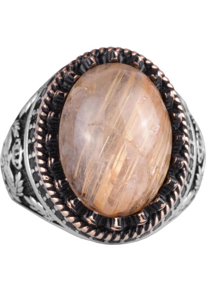 Doğal Taş Yüzük - El Yapımı Şahin Yüzük - 925 Ayar Gümüş Rutilated Kuvars Yüzük