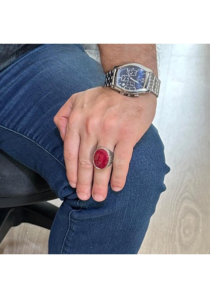 Doğal Yakut Taşlı Yüzük, 925 Ayar Katı Gümüş Yüzük Erkekler Için, Büyük Yüzük fiyatları
