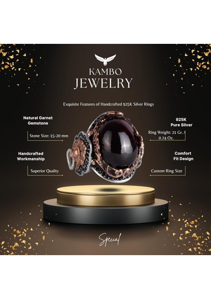 Doğal Granat Taşlı Yüzük, Hayvan Gümüş Yüzük - Derin 925K Katı Gümüş Erkek Yüzüğü - Tutku ve Enerji Tasarımı fiyatları