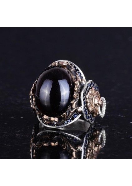 Doğal Granat Taşlı Yüzük, Hayvan Gümüş Yüzük - Derin 925K Katı Gümüş Erkek Yüzüğü - Tutku ve Enerji Tasarımı indirimleri