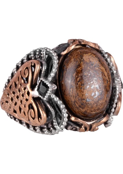 El Yapımı Doğal Bronzit Taş Yüzük, 925 Ayar Katı Gümüş Erkek Yüzüğü