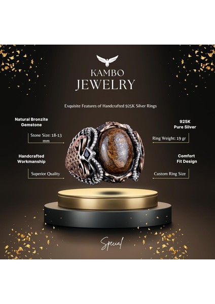 El Yapımı Doğal Bronzit Taş Yüzük, 925 Ayar Katı Gümüş Erkek Yüzüğü fiyatları