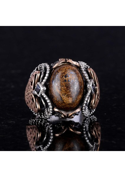 El Yapımı Doğal Bronzit Taş Yüzük, 925 Ayar Katı Gümüş Erkek Yüzüğü fırsatları