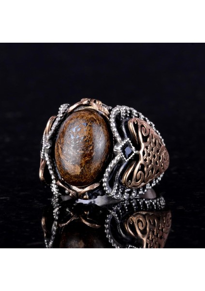 El Yapımı Doğal Bronzit Taş Yüzük, 925 Ayar Katı Gümüş Erkek Yüzüğü indirimleri