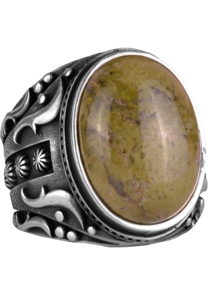 El Yapımı 925K Katı Sterlin Gümüş Erkek Yüzük, Doğal Unakite Taşı Yüzük, Sanatsal Tasarım