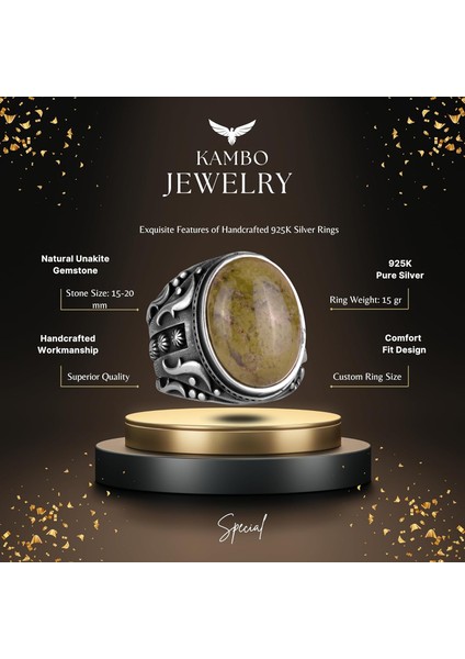 El Yapımı 925K Katı Sterlin Gümüş Erkek Yüzük, Doğal Unakite Taşı Yüzük, Sanatsal Tasarım fiyatları