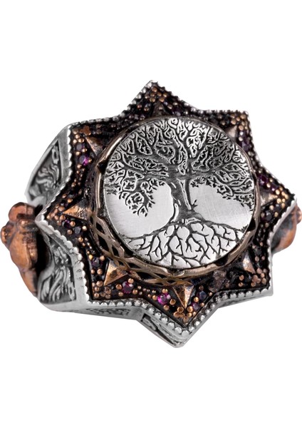 Ağaç Hayatı Gümüş Erkek Yüzük, 925 Ayar Gümüş Yüzük, El Yapımı Yggdrasil Ağaç Hayatı Yüzüğü