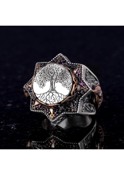 Ağaç Hayatı Gümüş Erkek Yüzük, 925 Ayar Gümüş Yüzük, El Yapımı Yggdrasil Ağaç Hayatı Yüzüğü indirimleri
