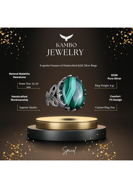 925 Ayar Saf Gümüş Erkek Yüzük - Doğal Taş Seçenekleri ile El Yapımı Tasarım (Malakit) fiyatları