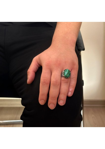 925 Ayar Saf Gümüş Erkek Yüzük - Doğal Taş Seçenekleri ile El Yapımı Tasarım (Malakit) modelleri
