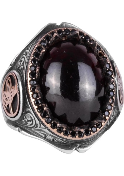 925 Ayar Katı Gümüş Erkek Yüzük Doğal Taşlarla - El Yapımı Şıklık (Granat Taşı)