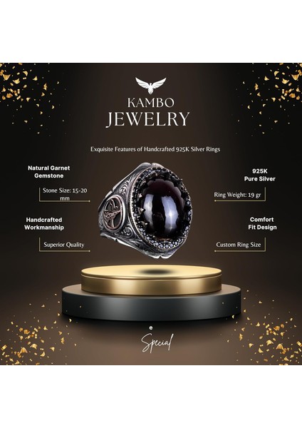 925 Ayar Katı Gümüş Erkek Yüzük Doğal Taşlarla - El Yapımı Şıklık (Granat Taşı) fiyatları