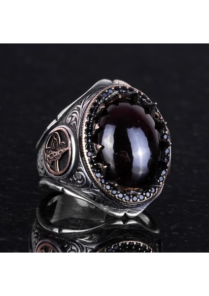 925 Ayar Katı Gümüş Erkek Yüzük Doğal Taşlarla - El Yapımı Şıklık (Granat Taşı) fırsatları