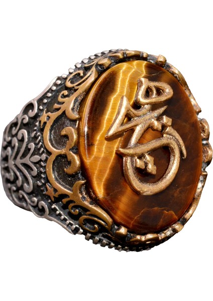 Doğal Kaplan Gözü Taşlı Yüzük - 925 Ayar Gümüş Yüzük - Erkeğe Özel Yüzük