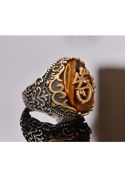 Doğal Kaplan Gözü Taşlı Yüzük - 925 Ayar Gümüş Yüzük - Erkeğe Özel Yüzük fırsatları