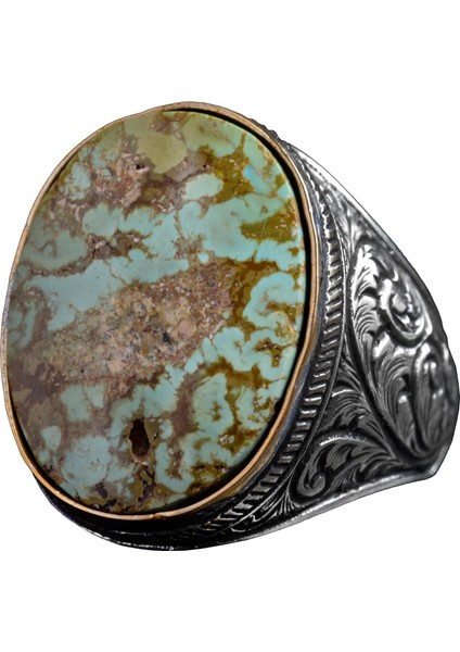 Doğal Turkuaz Taş Yüzük - Büyük Erkek Yüzüğü - 925 Ayar Gümüş Yüzük