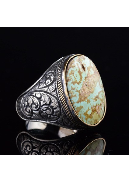 Doğal Turkuaz Taş Yüzük - Büyük Erkek Yüzüğü - 925 Ayar Gümüş Yüzük fırsatları