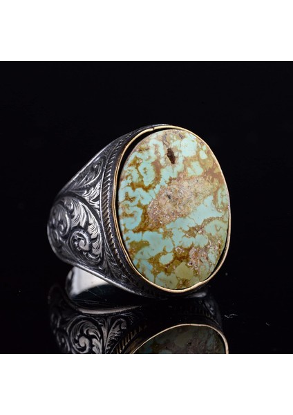 Doğal Turkuaz Taş Yüzük - Büyük Erkek Yüzüğü - 925 Ayar Gümüş Yüzük indirimleri