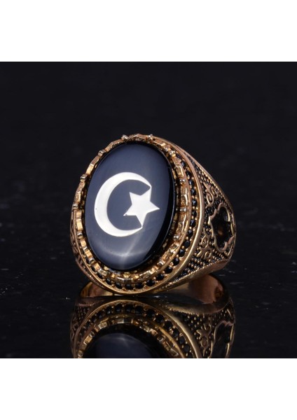 925 Ayar Gümüş Altın Kaplama Erkek Yüzük - Hilal ve Yıldız Tasarımı (Siyah) indirimleri