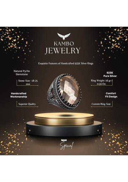 925 Ayar Gümüş Yüzük, Erkek Yüzüğü, Doğal Pirita Taşı Yüzük, El Yapımı Yüzük fiyatları