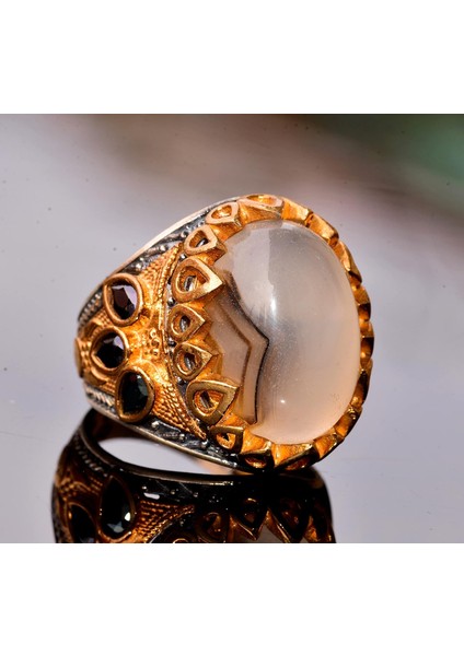 Erkekler Için Gümüş Yüzük - Doğal Yemen Akik Taşı fırsatları