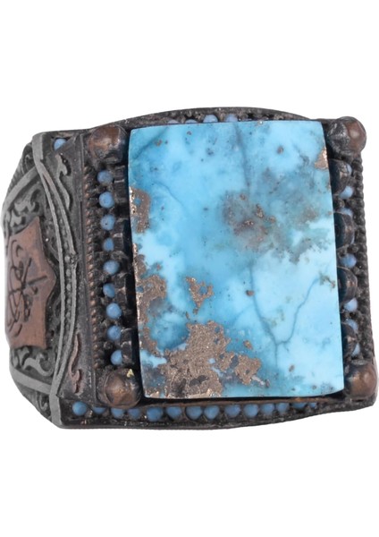 Doğal Arizona Turkuaz Taş Yüzük - 925 Ayar Gümüş Islami Yüzük - El Yapımı Vintage Tasarım
