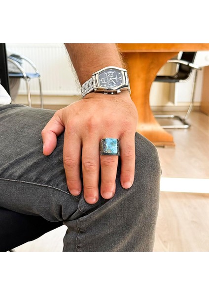 Doğal Arizona Turkuaz Taş Yüzük - 925 Ayar Gümüş Islami Yüzük - El Yapımı Vintage Tasarım modelleri