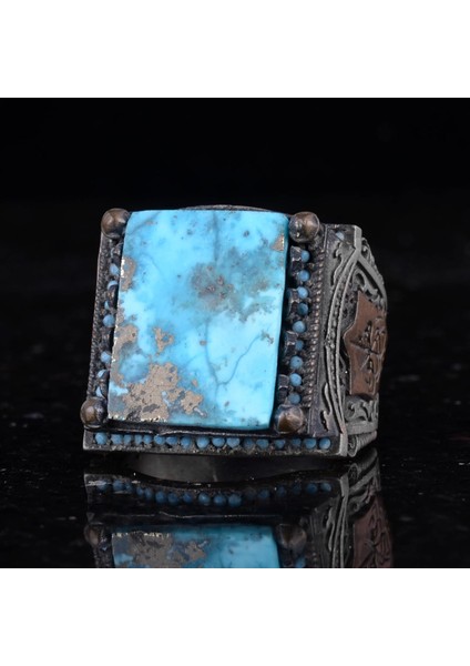 Doğal Arizona Turkuaz Taş Yüzük - 925 Ayar Gümüş Islami Yüzük - El Yapımı Vintage Tasarım fırsatları