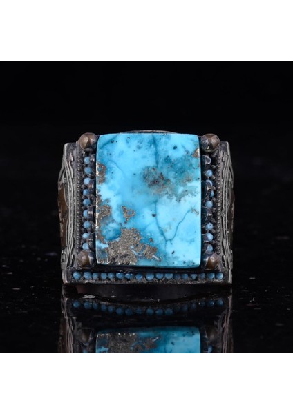 Doğal Arizona Turkuaz Taş Yüzük - 925 Ayar Gümüş Islami Yüzük - El Yapımı Vintage Tasarım indirimleri