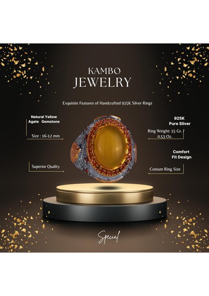 Doğal Taş Yüzük - Sultan Yüzük - 925 Ayar Gümüş Yüzük Erkekler Için (Sarı Akik) fiyatları