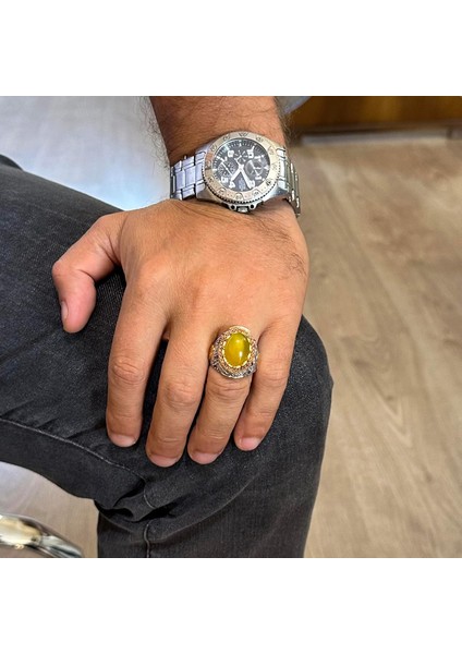 Doğal Taş Yüzük - Sultan Yüzük - 925 Ayar Gümüş Yüzük Erkekler Için (Sarı Akik) modelleri
