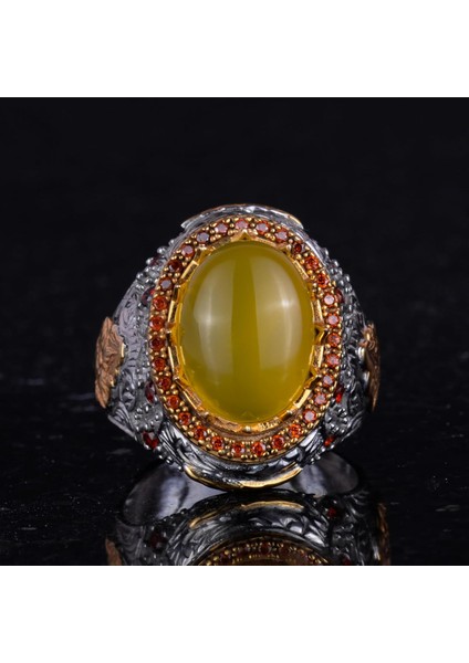 Doğal Taş Yüzük - Sultan Yüzük - 925 Ayar Gümüş Yüzük Erkekler Için (Sarı Akik) fırsatları