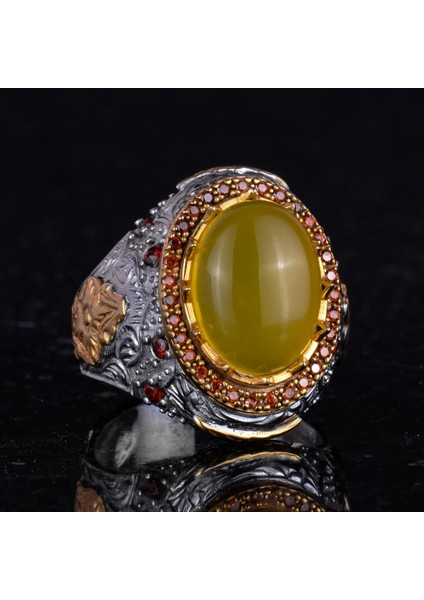 Doğal Taş Yüzük - Sultan Yüzük - 925 Ayar Gümüş Yüzük Erkekler Için (Sarı Akik) indirimleri