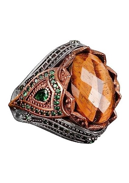 Doğal Taş El Yapımı Yüzük - 925 Ayar Gümüş Şık Yüzük (Kaplan Gözü)